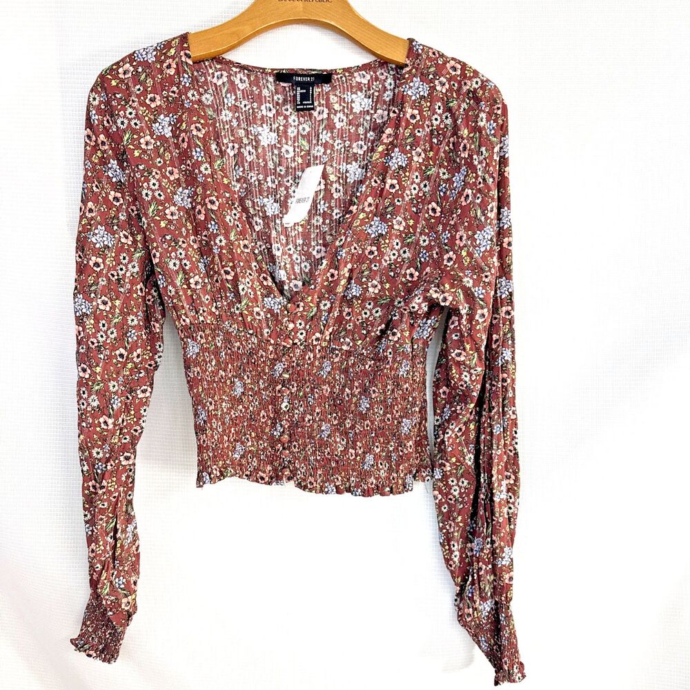 Forever 21 Maroon/Brown Floral Ruched Long Sleeve Deep V Neck Crop Top - L